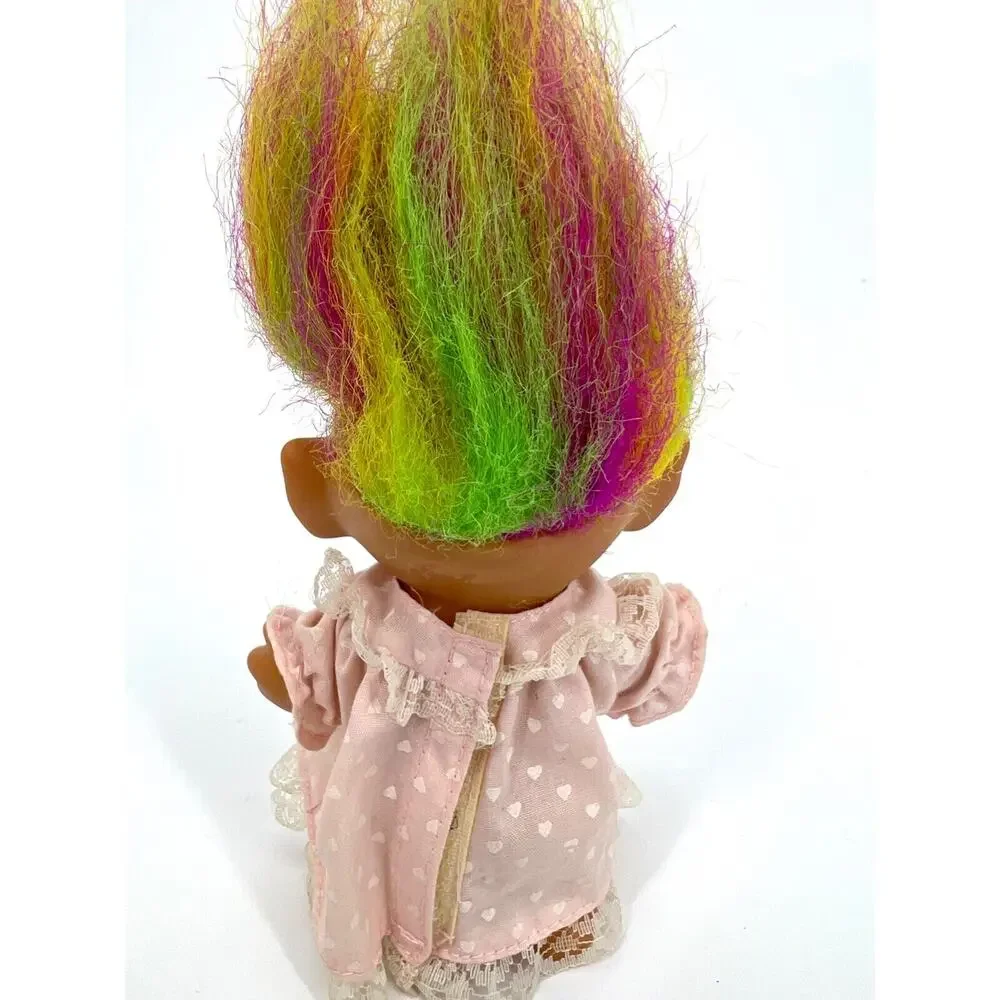 Vintage Bright of America Lucky Troll Doll Pink Dress Rainbow Hair Brown Eyes